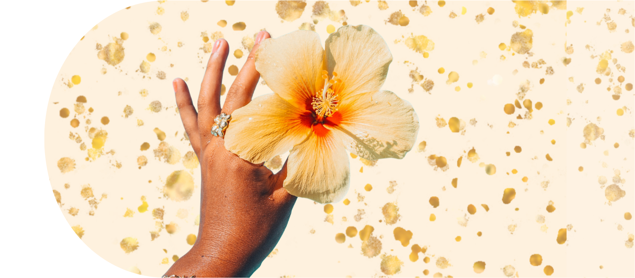 Yellow gold fleck background with woman holding flower